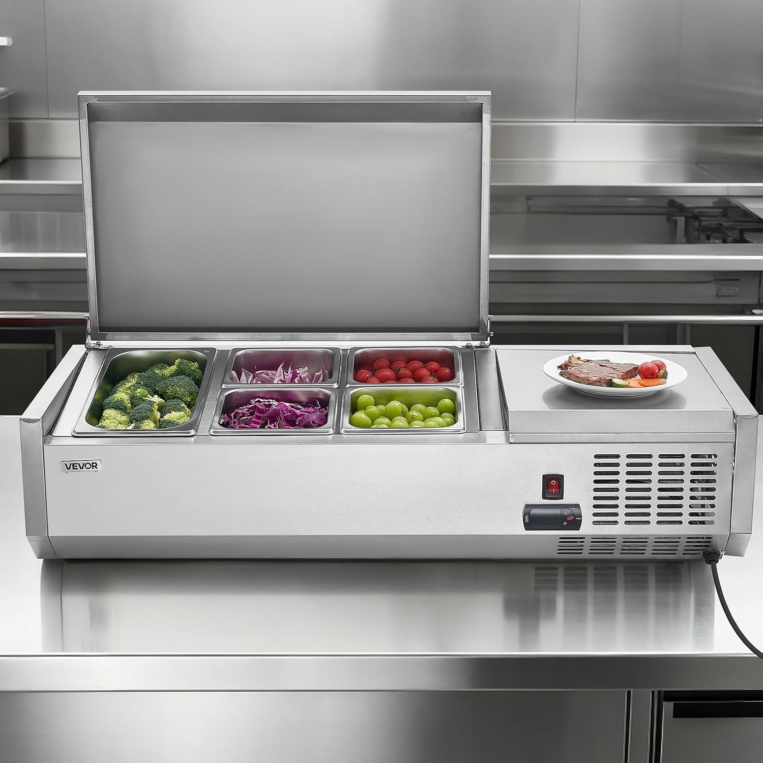 image:imageVEVOR Refrigerated Condiment Prep Station 140 W Countertop Refrigerated Condiment Station with Five 13 Pans amp Four 16 Pans 304 Stainless Body and PC Lid Sandwich Prep Table with Stainless GuardNew Stainless 40 in