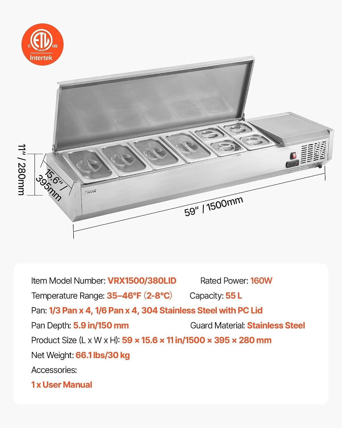 image:imageVEVOR Refrigerated Condiment Prep Station 140 W Countertop Refrigerated Condiment Station with Five 13 Pans amp Four 16 Pans 304 Stainless Body and PC Lid Sandwich Prep Table with Stainless GuardNew Stainless 60 in