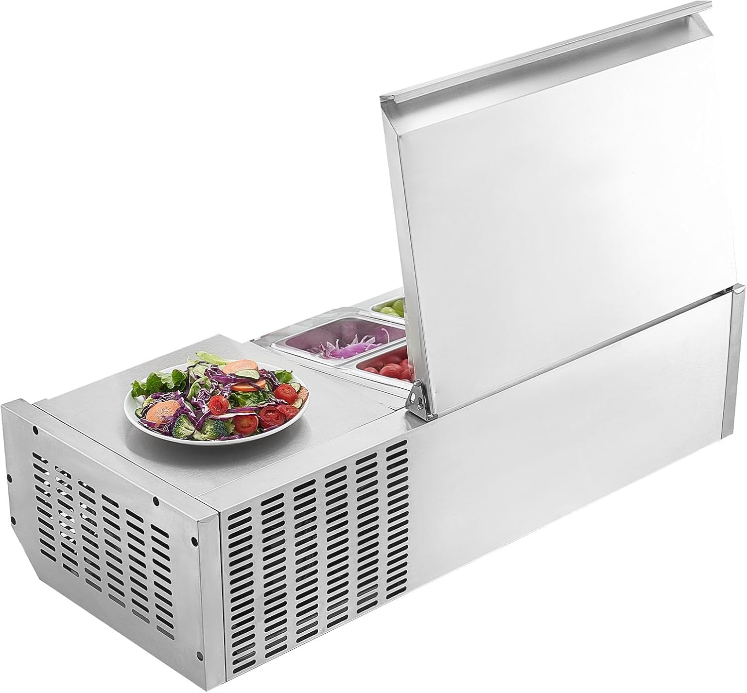 image:imageVEVOR Refrigerated Condiment Prep Station 140 W Countertop Refrigerated Condiment Station with Five 13 Pans amp Four 16 Pans 304 Stainless Body and PC Lid Sandwich Prep Table with Stainless GuardNew Stainless 40 in