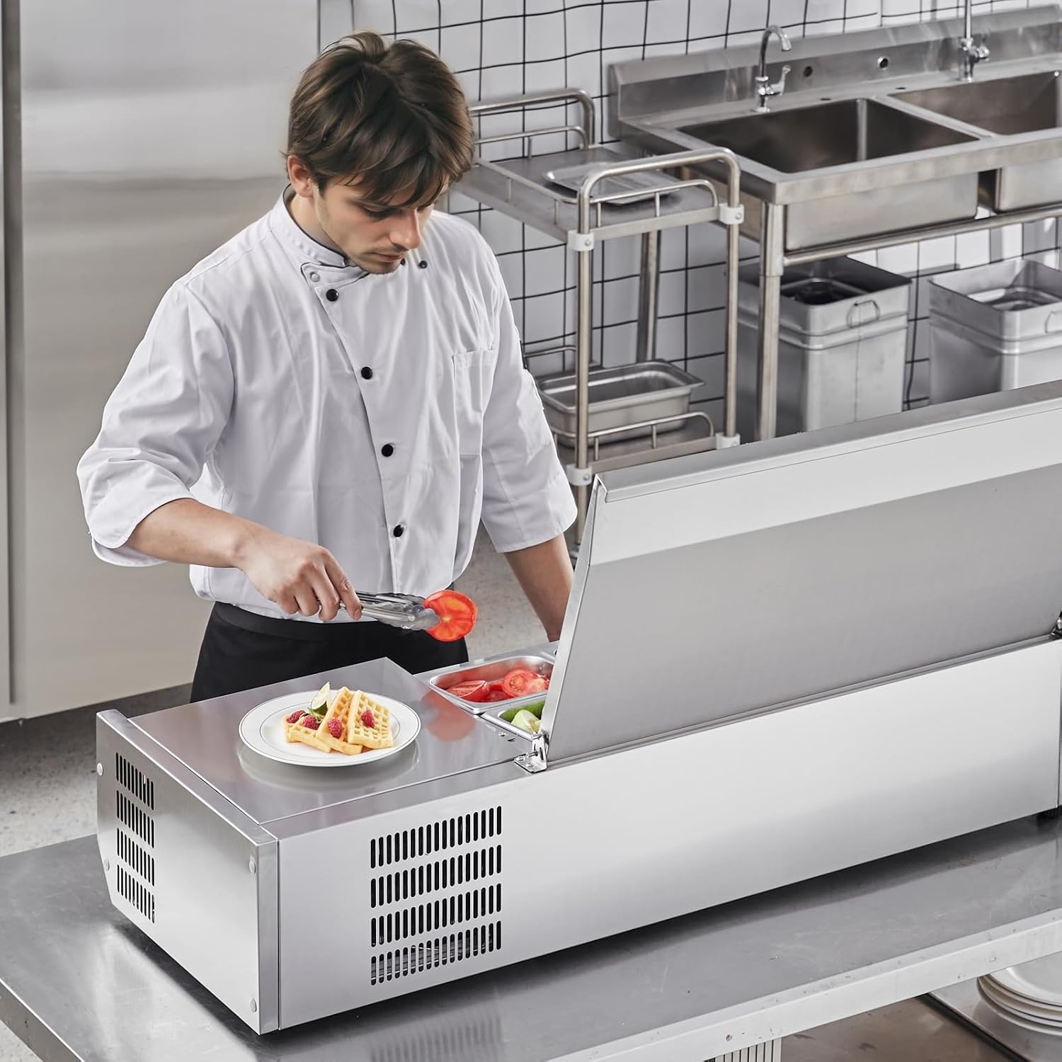 image:imageVEVOR Refrigerated Condiment Prep Station 140 W Countertop Refrigerated Condiment Station with Five 13 Pans amp Four 16 Pans 304 Stainless Body and PC Lid Sandwich Prep Table with Stainless GuardNew Stainless 48in
