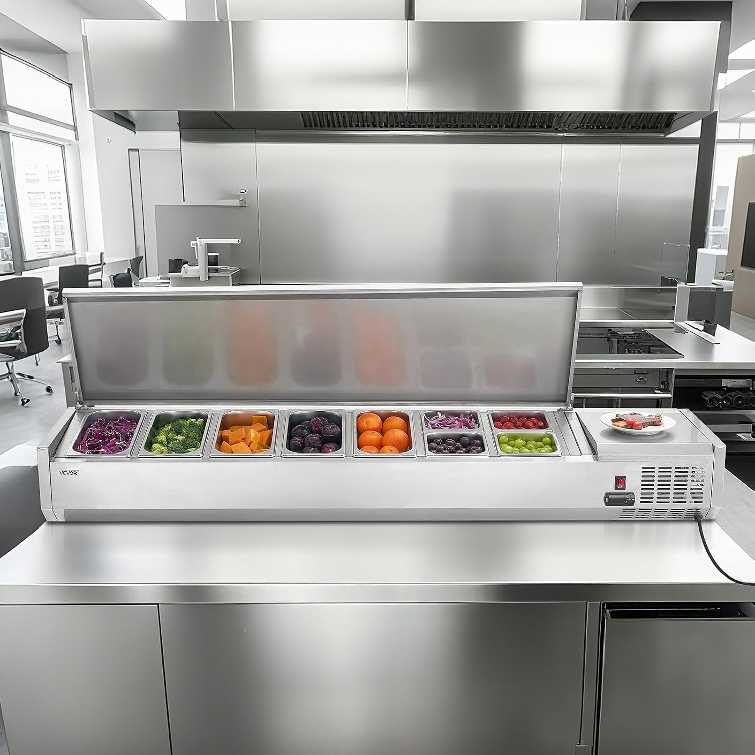 image:imageVEVOR Refrigerated Condiment Prep Station 140 W Countertop Refrigerated Condiment Station with Five 13 Pans amp Four 16 Pans 304 Stainless Body and PC Lid Sandwich Prep Table with Stainless GuardNew Stainless 71 in