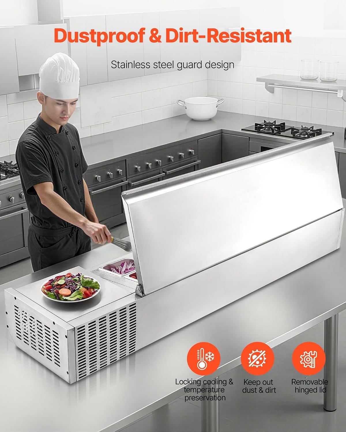 image:imageVEVOR Refrigerated Condiment Prep Station 140 W Countertop Refrigerated Condiment Station with Five 13 Pans amp Four 16 Pans 304 Stainless Body and PC Lid Sandwich Prep Table with Stainless GuardNew Stainless 71 in
