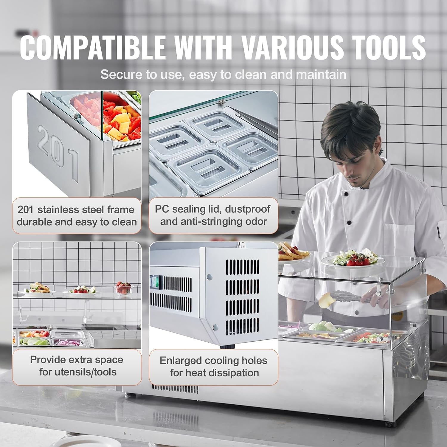 image:imageVEVOR Refrigerated Condiment Prep Station 140 W Countertop Refrigerated Condiment Station with Five 13 Pans amp Four 16 Pans 304 Stainless Body and PC Lid Sandwich Prep Table with Stainless GuardOriginal Glass 40 in