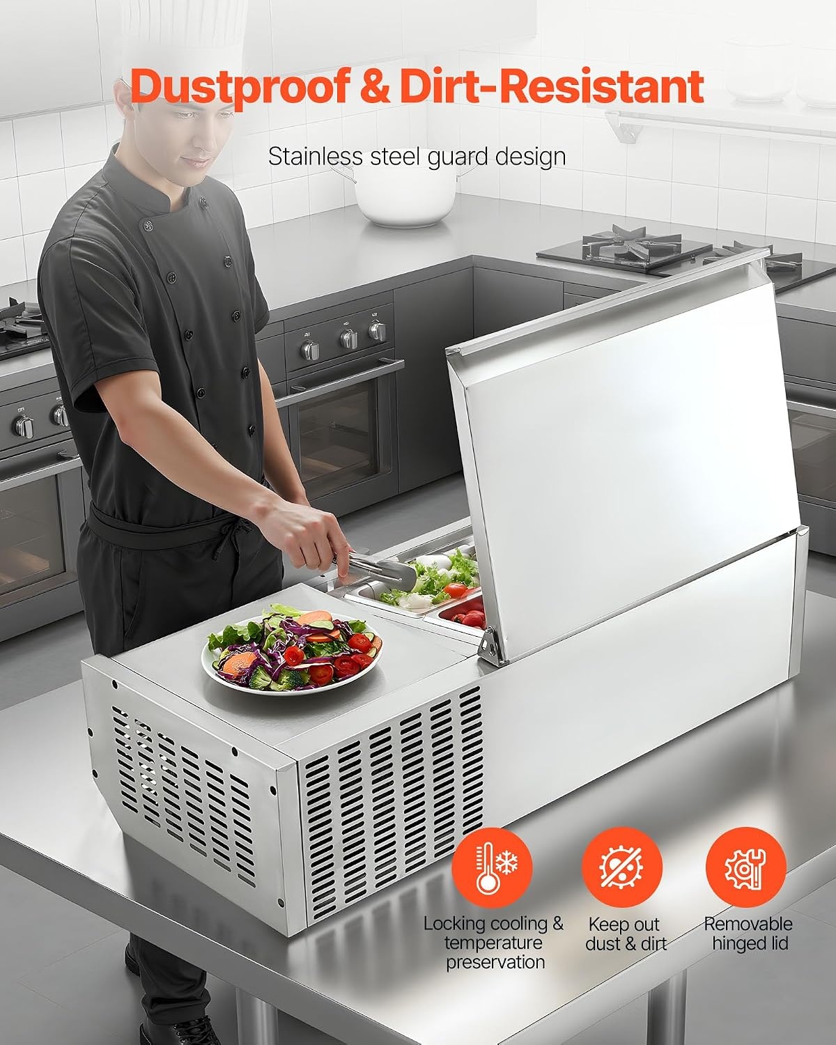 image:imageVEVOR Refrigerated Condiment Prep Station 140 W Countertop Refrigerated Condiment Station with Five 13 Pans amp Four 16 Pans 304 Stainless Body and PC Lid Sandwich Prep Table with Stainless GuardNew Stainless 40 in