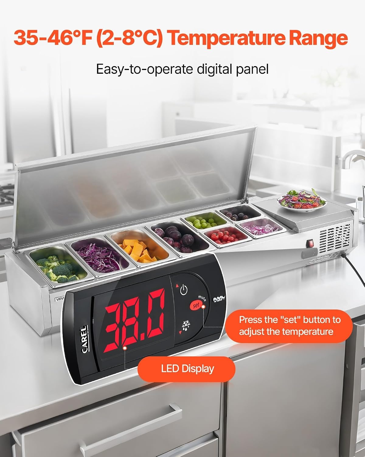 image:imageVEVOR Refrigerated Condiment Prep Station 140 W Countertop Refrigerated Condiment Station with Five 13 Pans amp Four 16 Pans 304 Stainless Body and PC Lid Sandwich Prep Table with Stainless GuardNew Stainless 60 in