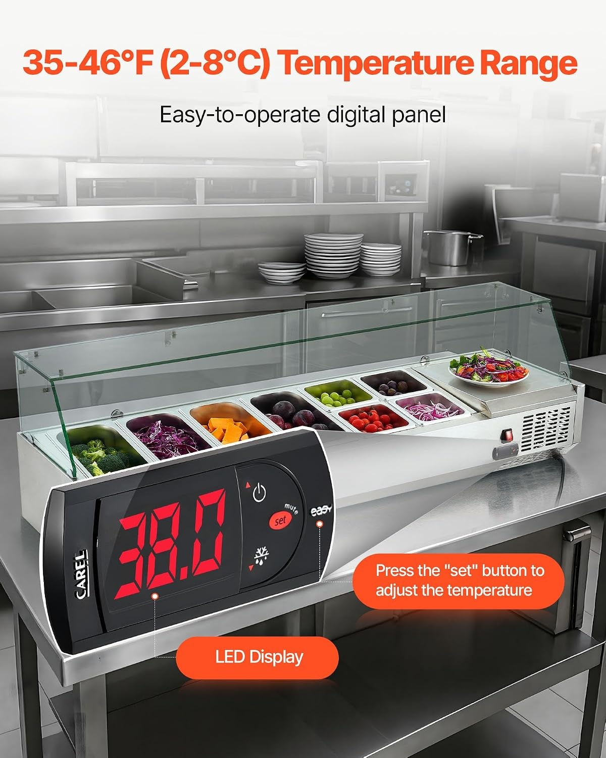 image:imageVEVOR Refrigerated Condiment Prep Station 140 W Countertop Refrigerated Condiment Station with Five 13 Pans amp Four 16 Pans 304 Stainless Body and PC Lid Sandwich Prep Table with Stainless GuardNew Glass 60 in