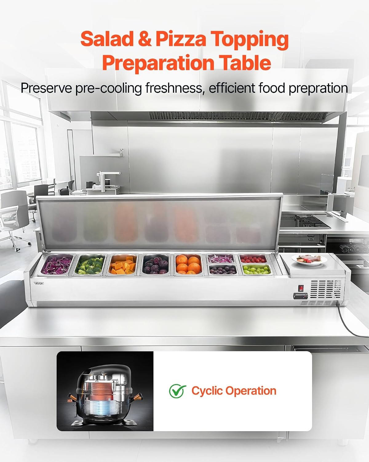 image:imageVEVOR Refrigerated Condiment Prep Station 140 W Countertop Refrigerated Condiment Station with Five 13 Pans amp Four 16 Pans 304 Stainless Body and PC Lid Sandwich Prep Table with Stainless GuardNew Stainless 71 in