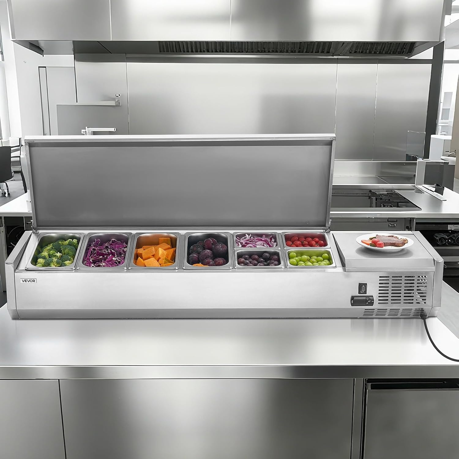 image:imageVEVOR Refrigerated Condiment Prep Station 140 W Countertop Refrigerated Condiment Station with Five 13 Pans amp Four 16 Pans 304 Stainless Body and PC Lid Sandwich Prep Table with Stainless GuardNew Stainless 60 in