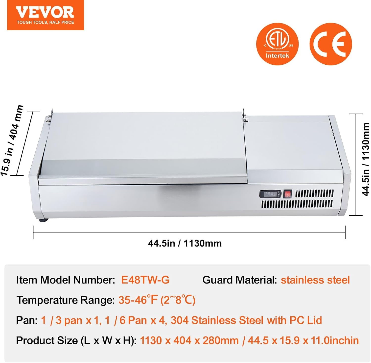 image:imageVEVOR Refrigerated Condiment Prep Station 140 W Countertop Refrigerated Condiment Station with Five 13 Pans amp Four 16 Pans 304 Stainless Body and PC Lid Sandwich Prep Table with Stainless GuardNew Stainless 48in