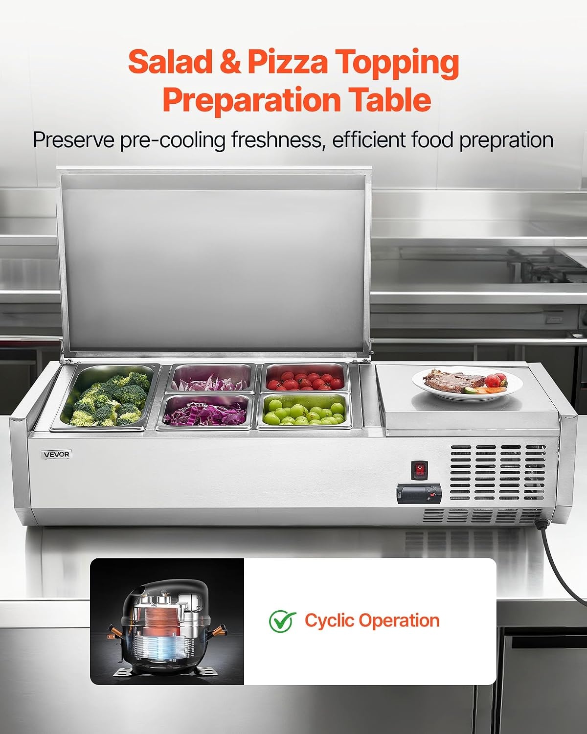 image:imageVEVOR Refrigerated Condiment Prep Station 140 W Countertop Refrigerated Condiment Station with Five 13 Pans amp Four 16 Pans 304 Stainless Body and PC Lid Sandwich Prep Table with Stainless GuardNew Stainless 40 in