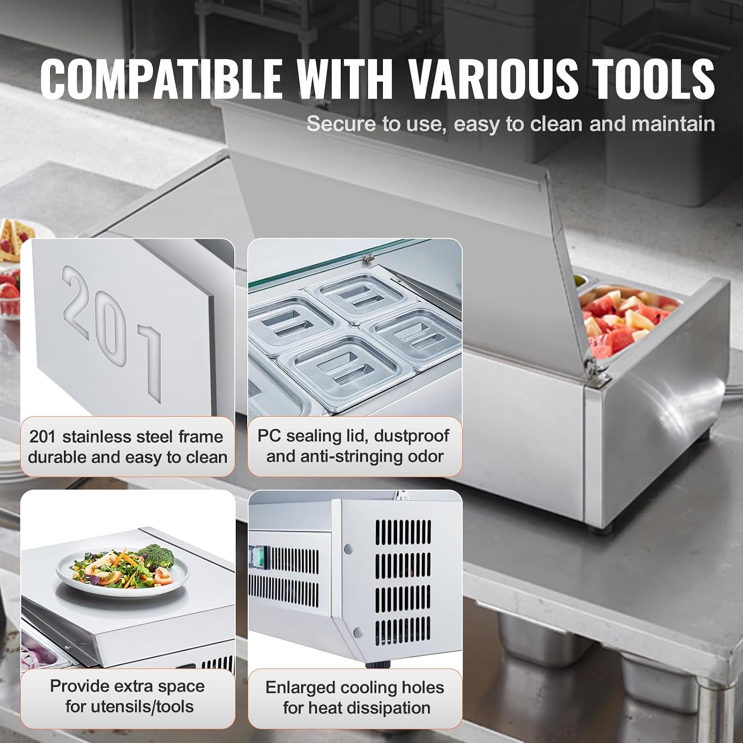 image:imageVEVOR Refrigerated Condiment Prep Station 140 W Countertop Refrigerated Condiment Station with Five 13 Pans amp Four 16 Pans 304 Stainless Body and PC Lid Sandwich Prep Table with Stainless GuardNew Stainless 48in