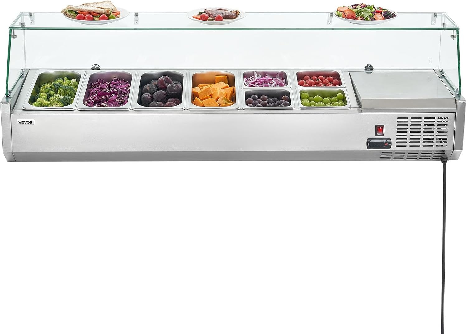 image:imageVEVOR Refrigerated Condiment Prep Station 140 W Countertop Refrigerated Condiment Station with Five 13 Pans amp Four 16 Pans 304 Stainless Body and PC Lid Sandwich Prep Table with Stainless GuardNew Glass 60 in