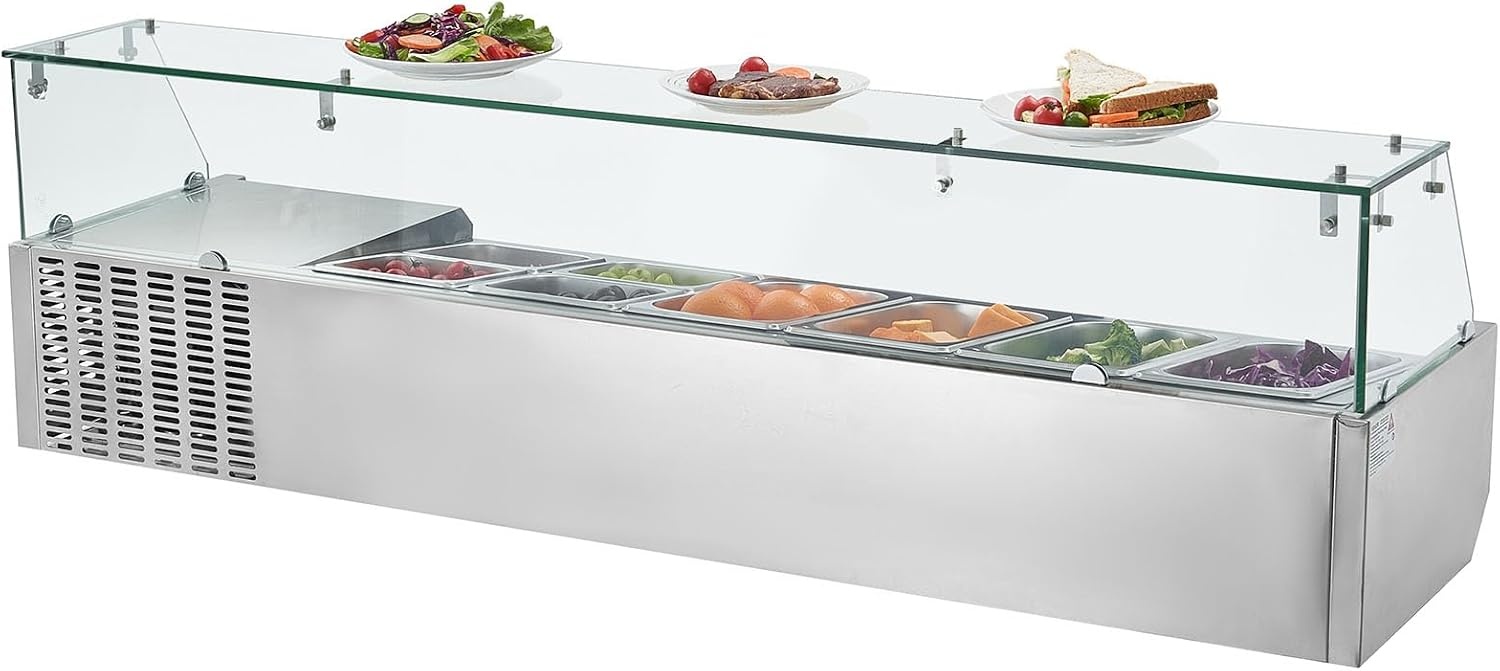 image:imageVEVOR Refrigerated Condiment Prep Station 140 W Countertop Refrigerated Condiment Station with Five 13 Pans amp Four 16 Pans 304 Stainless Body and PC Lid Sandwich Prep Table with Stainless GuardNew Glass 60 in