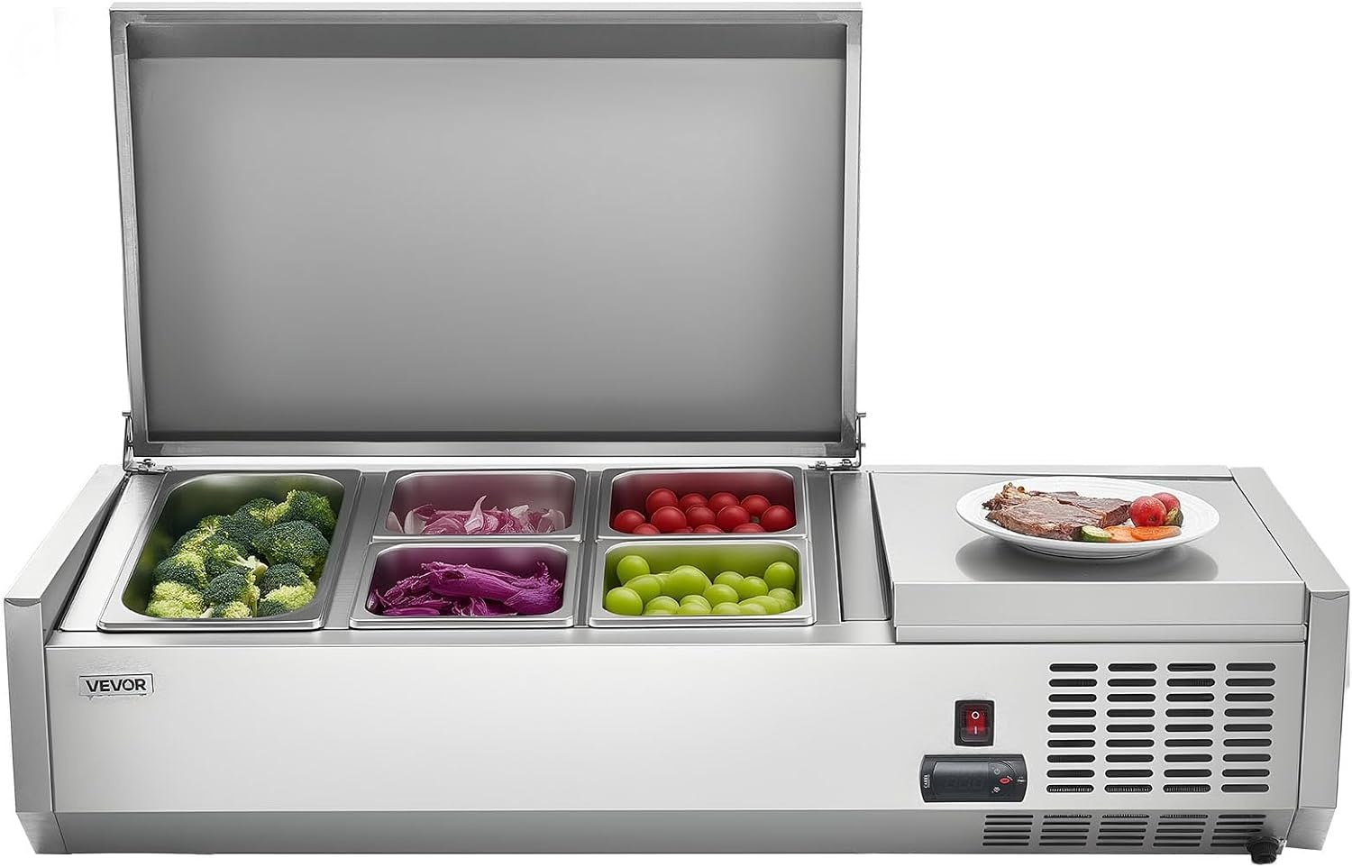image:imageVEVOR Refrigerated Condiment Prep Station 140 W Countertop Refrigerated Condiment Station with Five 13 Pans amp Four 16 Pans 304 Stainless Body and PC Lid Sandwich Prep Table with Stainless GuardNew Stainless 40 in