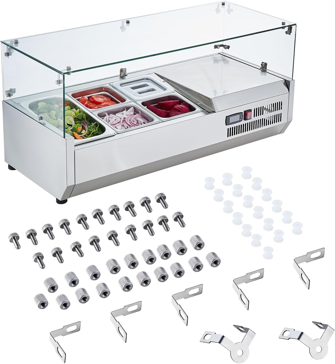 image:imageVEVOR Refrigerated Condiment Prep Station 140 W Countertop Refrigerated Condiment Station with Five 13 Pans amp Four 16 Pans 304 Stainless Body and PC Lid Sandwich Prep Table with Stainless GuardOriginal Glass 40 in