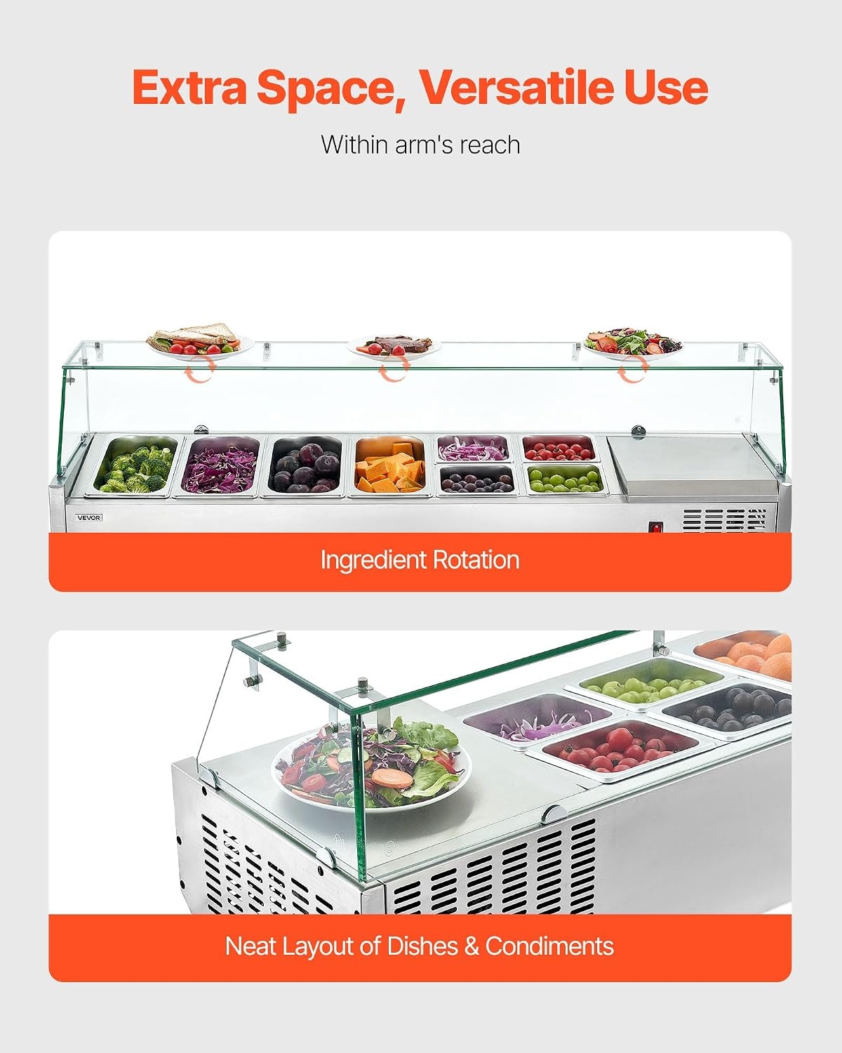 image:imageVEVOR Refrigerated Condiment Prep Station 140 W Countertop Refrigerated Condiment Station with Five 13 Pans amp Four 16 Pans 304 Stainless Body and PC Lid Sandwich Prep Table with Stainless GuardNew Glass 60 in