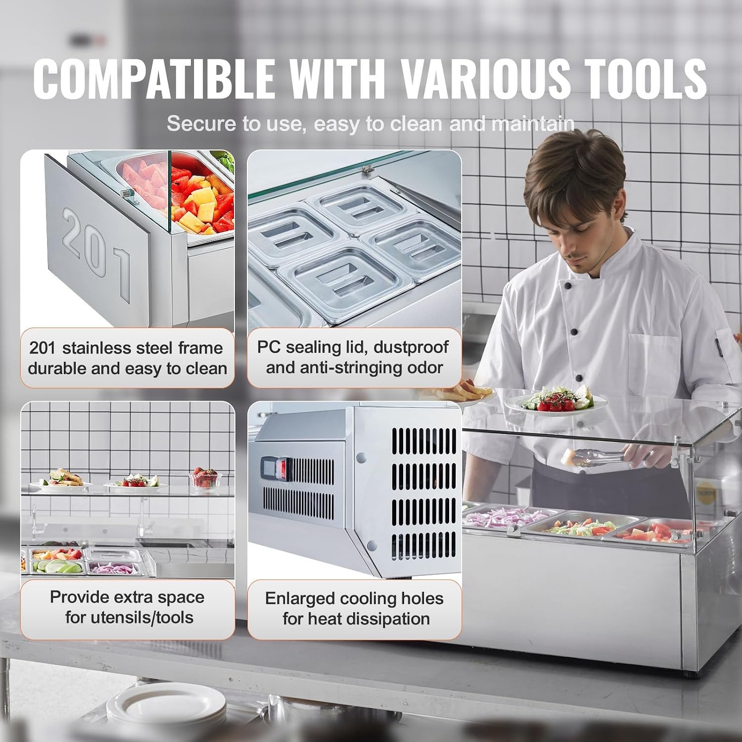 image:imageVEVOR Refrigerated Condiment Prep Station 140 W Countertop Refrigerated Condiment Station with Five 13 Pans amp Four 16 Pans 304 Stainless Body and PC Lid Sandwich Prep Table with Stainless GuardOriginal Glass 55 in