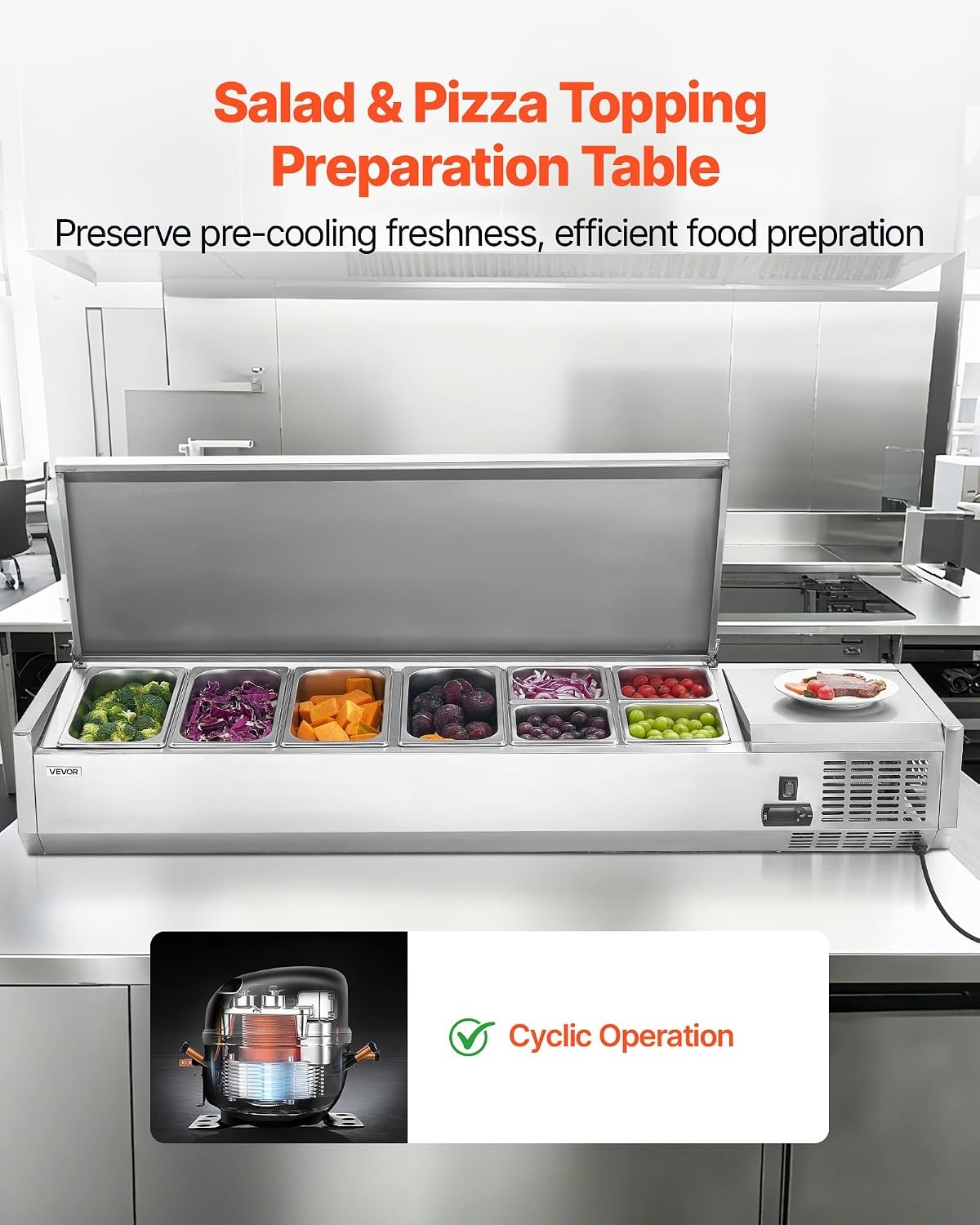 image:imageVEVOR Refrigerated Condiment Prep Station 140 W Countertop Refrigerated Condiment Station with Five 13 Pans amp Four 16 Pans 304 Stainless Body and PC Lid Sandwich Prep Table with Stainless GuardNew Stainless 60 in