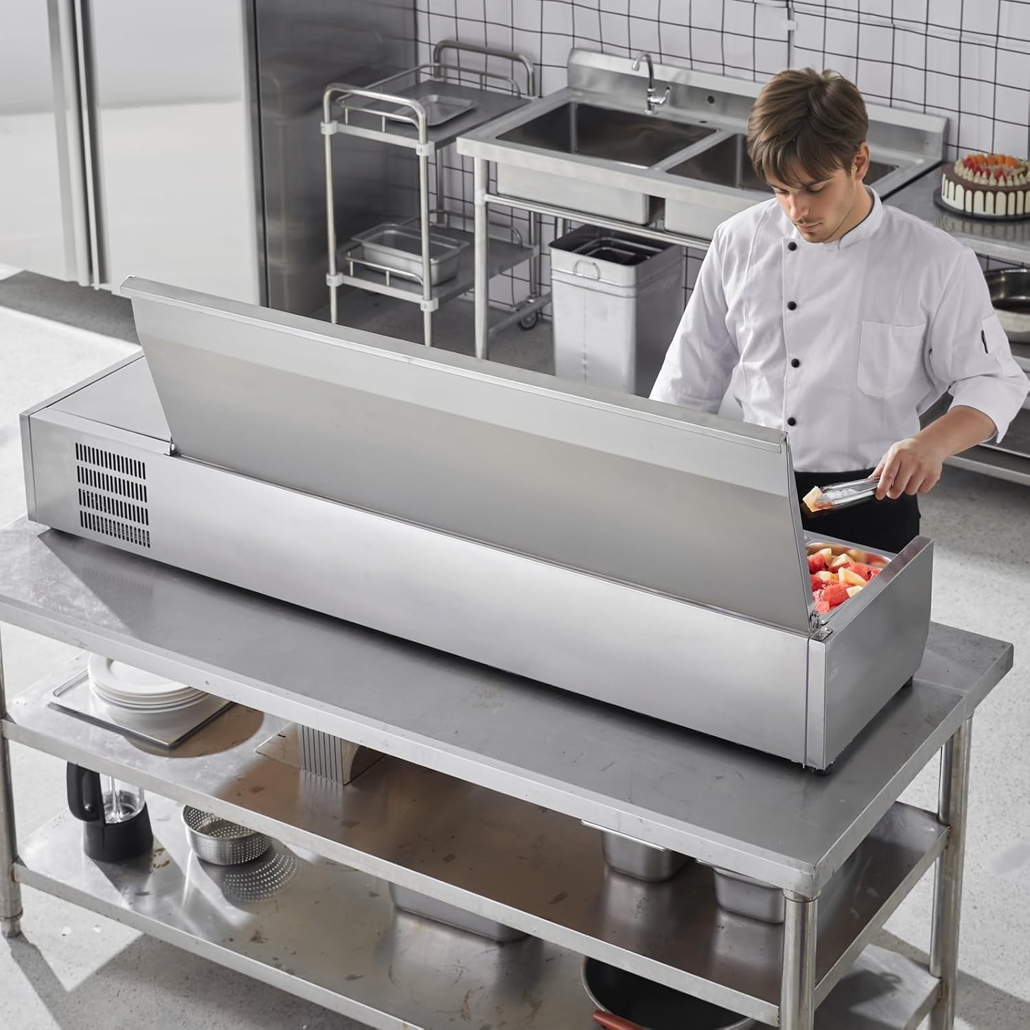 image:imageVEVOR Refrigerated Condiment Prep Station 140 W Countertop Refrigerated Condiment Station with Five 13 Pans amp Four 16 Pans 304 Stainless Body and PC Lid Sandwich Prep Table with Stainless GuardOriginal Stainless 71 in