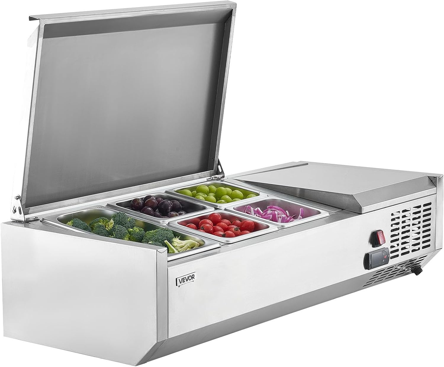 image:imageVEVOR Refrigerated Condiment Prep Station 140 W Countertop Refrigerated Condiment Station with Five 13 Pans amp Four 16 Pans 304 Stainless Body and PC Lid Sandwich Prep Table with Stainless GuardNew Stainless 40 in