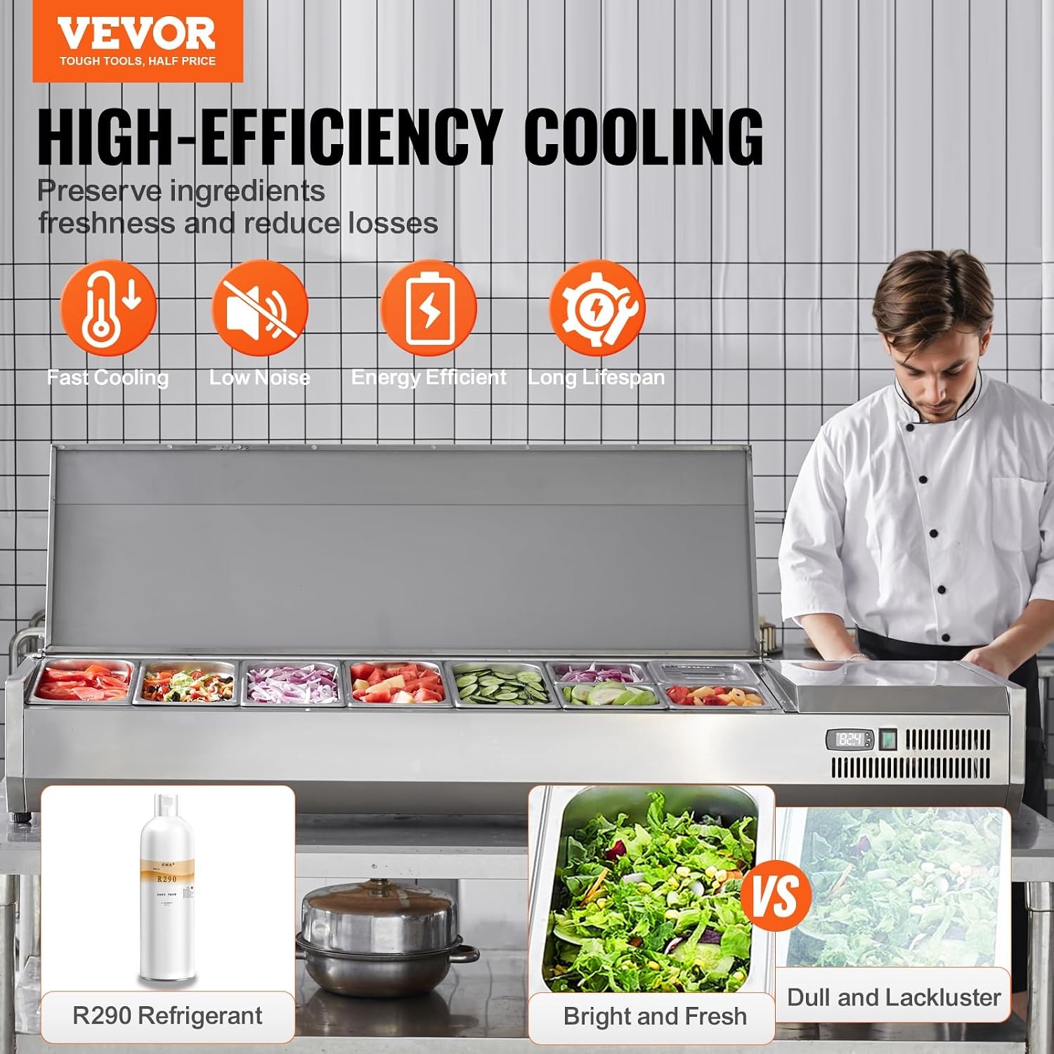 image:imageVEVOR Refrigerated Condiment Prep Station 140 W Countertop Refrigerated Condiment Station with Five 13 Pans amp Four 16 Pans 304 Stainless Body and PC Lid Sandwich Prep Table with Stainless GuardOriginal Stainless 71 in
