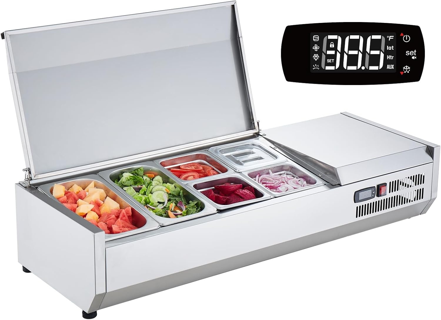 image:imageVEVOR Refrigerated Condiment Prep Station 140 W Countertop Refrigerated Condiment Station with Five 13 Pans amp Four 16 Pans 304 Stainless Body and PC Lid Sandwich Prep Table with Stainless GuardNew Stainless 48in