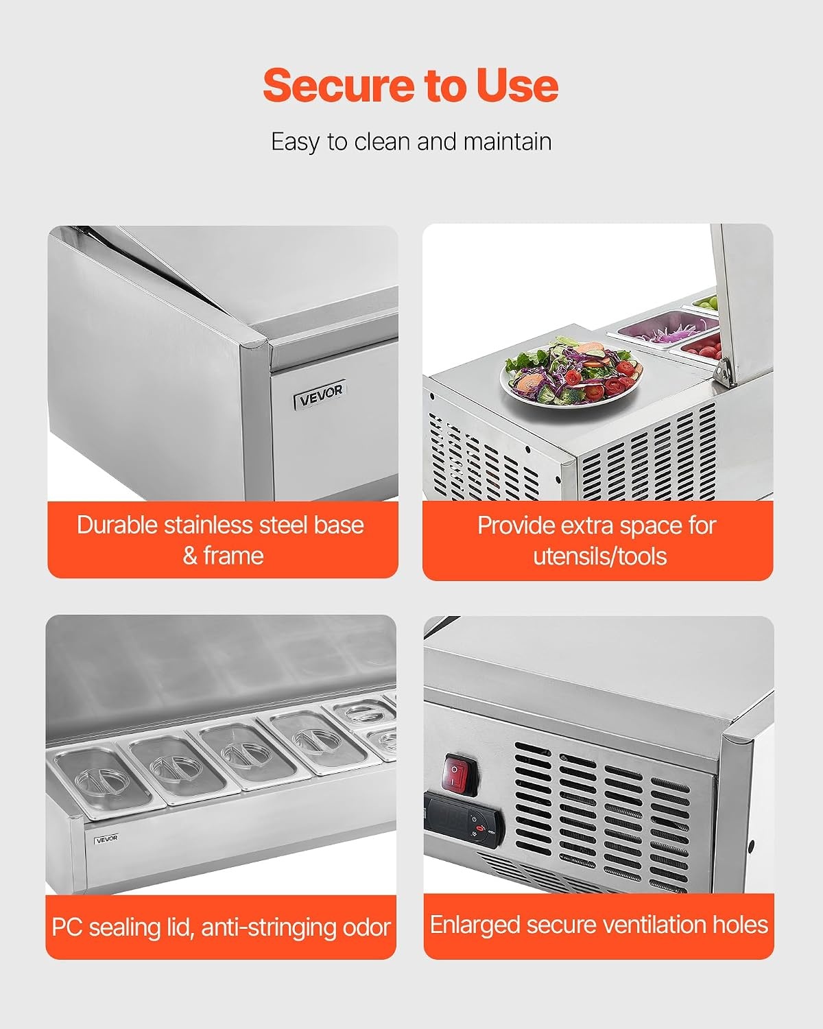 image:imageVEVOR Refrigerated Condiment Prep Station 140 W Countertop Refrigerated Condiment Station with Five 13 Pans amp Four 16 Pans 304 Stainless Body and PC Lid Sandwich Prep Table with Stainless GuardNew Stainless 60 in