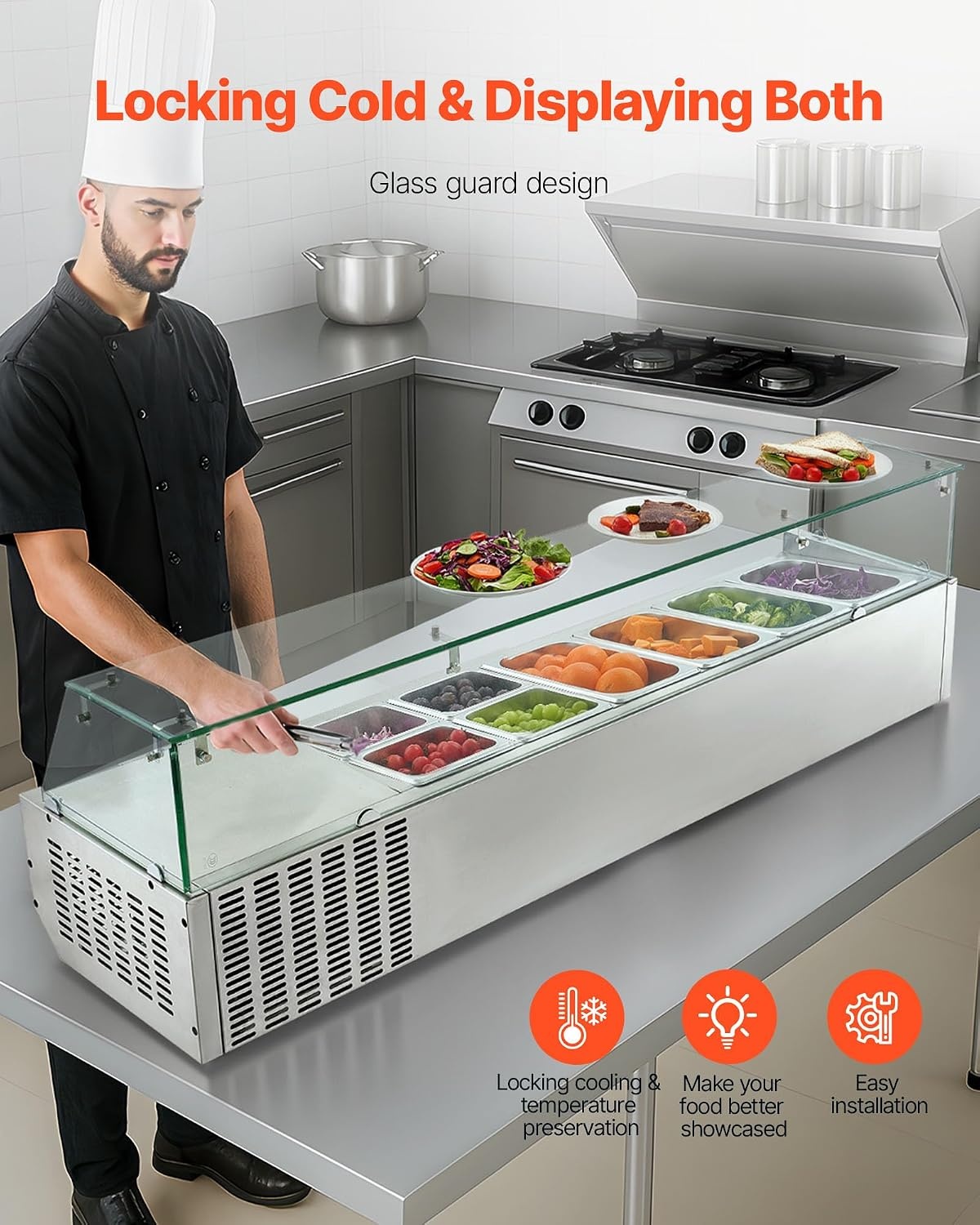 image:imageVEVOR Refrigerated Condiment Prep Station 140 W Countertop Refrigerated Condiment Station with Five 13 Pans amp Four 16 Pans 304 Stainless Body and PC Lid Sandwich Prep Table with Stainless GuardNew Glass 60 in