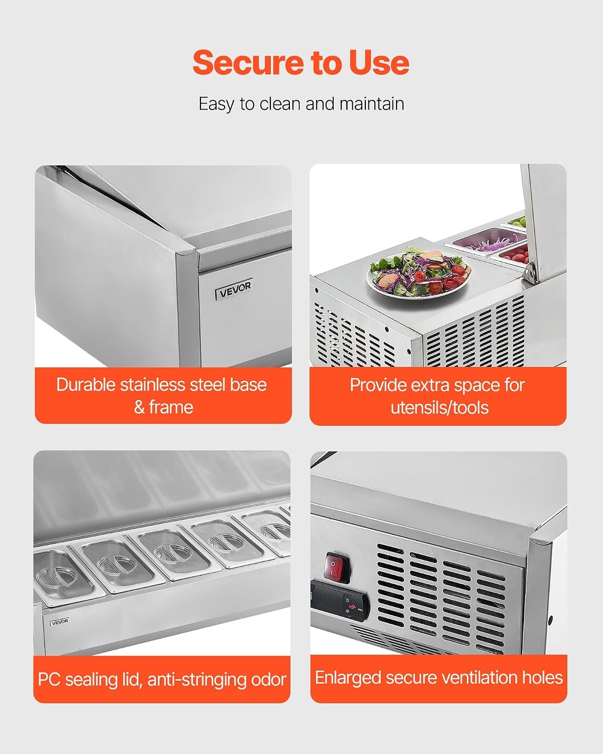 image:imageVEVOR Refrigerated Condiment Prep Station 140 W Countertop Refrigerated Condiment Station with Five 13 Pans amp Four 16 Pans 304 Stainless Body and PC Lid Sandwich Prep Table with Stainless GuardNew Stainless 71 in