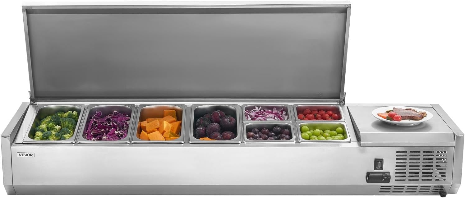image:imageVEVOR Refrigerated Condiment Prep Station 140 W Countertop Refrigerated Condiment Station with Five 13 Pans amp Four 16 Pans 304 Stainless Body and PC Lid Sandwich Prep Table with Stainless GuardNew Stainless 60 in