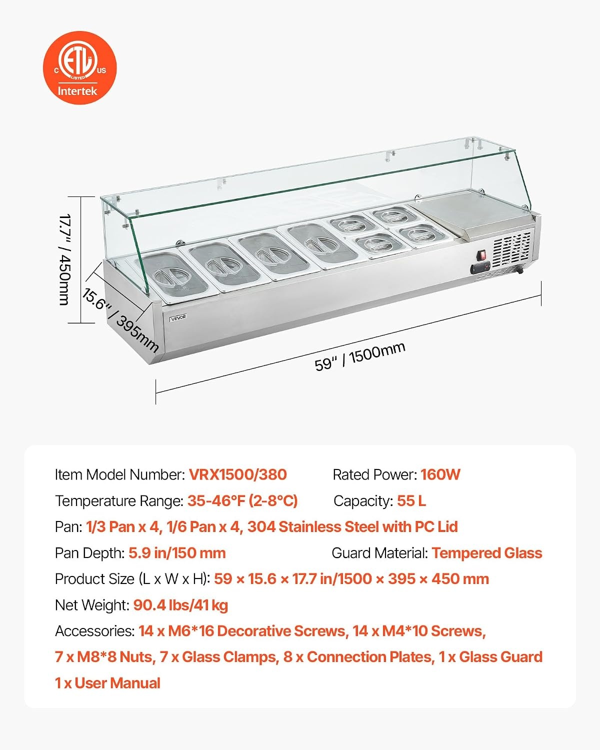image:imageVEVOR Refrigerated Condiment Prep Station 140 W Countertop Refrigerated Condiment Station with Five 13 Pans amp Four 16 Pans 304 Stainless Body and PC Lid Sandwich Prep Table with Stainless GuardNew Glass 60 in