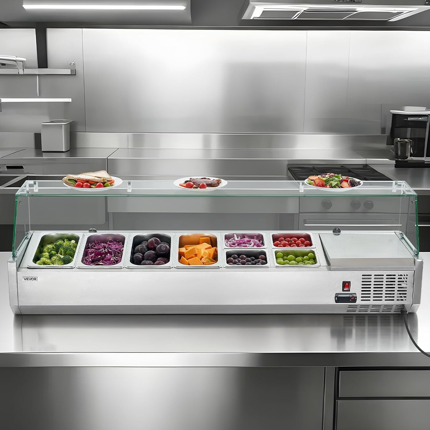 image:imageVEVOR Refrigerated Condiment Prep Station 140 W Countertop Refrigerated Condiment Station with Five 13 Pans amp Four 16 Pans 304 Stainless Body and PC Lid Sandwich Prep Table with Stainless GuardNew Glass 60 in
