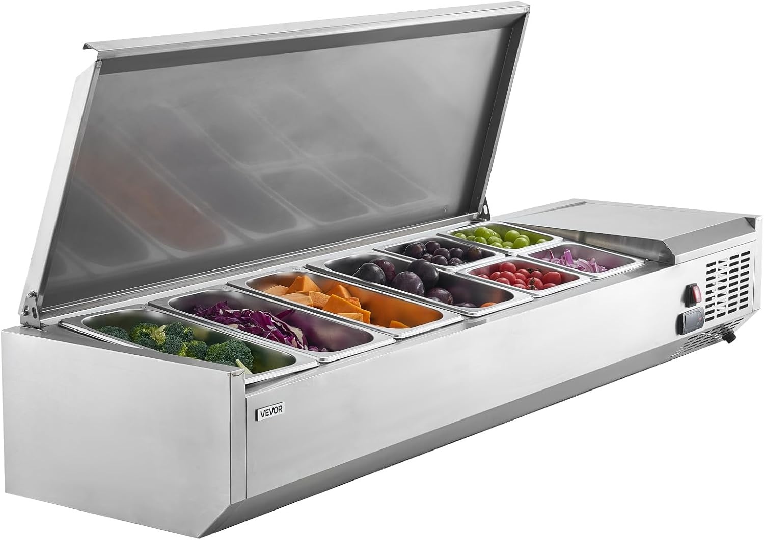 image:imageVEVOR Refrigerated Condiment Prep Station 140 W Countertop Refrigerated Condiment Station with Five 13 Pans amp Four 16 Pans 304 Stainless Body and PC Lid Sandwich Prep Table with Stainless GuardNew Stainless 60 in