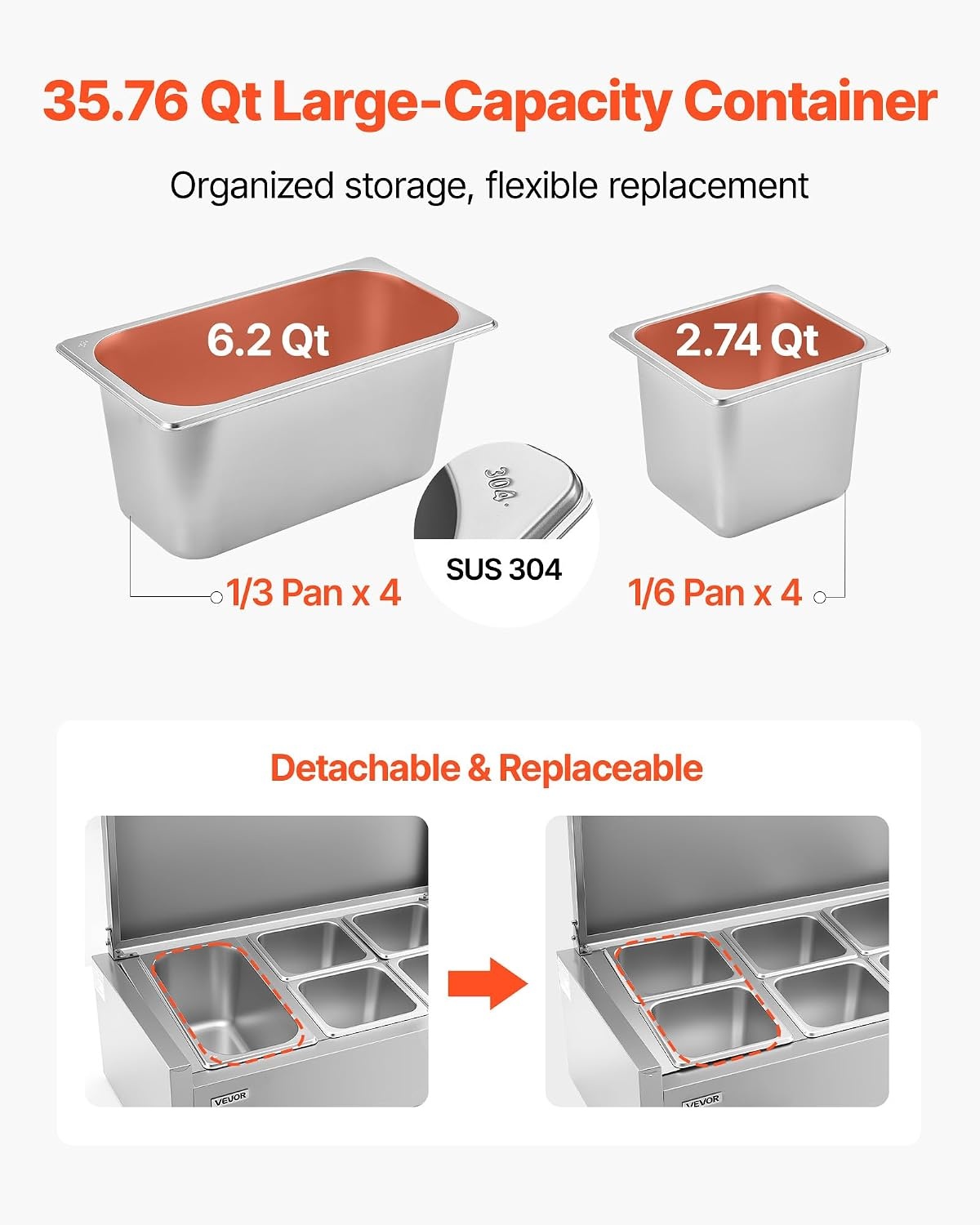 image:imageVEVOR Refrigerated Condiment Prep Station 140 W Countertop Refrigerated Condiment Station with Five 13 Pans amp Four 16 Pans 304 Stainless Body and PC Lid Sandwich Prep Table with Stainless GuardNew Stainless 60 in