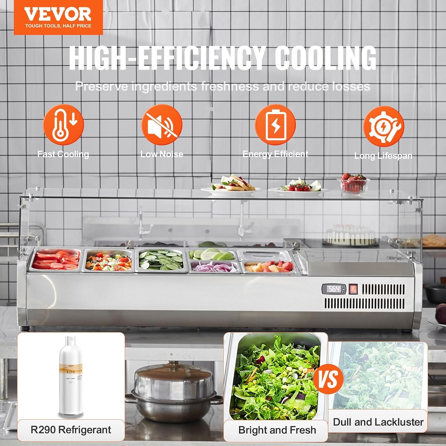 image:imageVEVOR Refrigerated Condiment Prep Station 140 W Countertop Refrigerated Condiment Station with Five 13 Pans amp Four 16 Pans 304 Stainless Body and PC Lid Sandwich Prep Table with Stainless GuardOriginal Glass 55 in