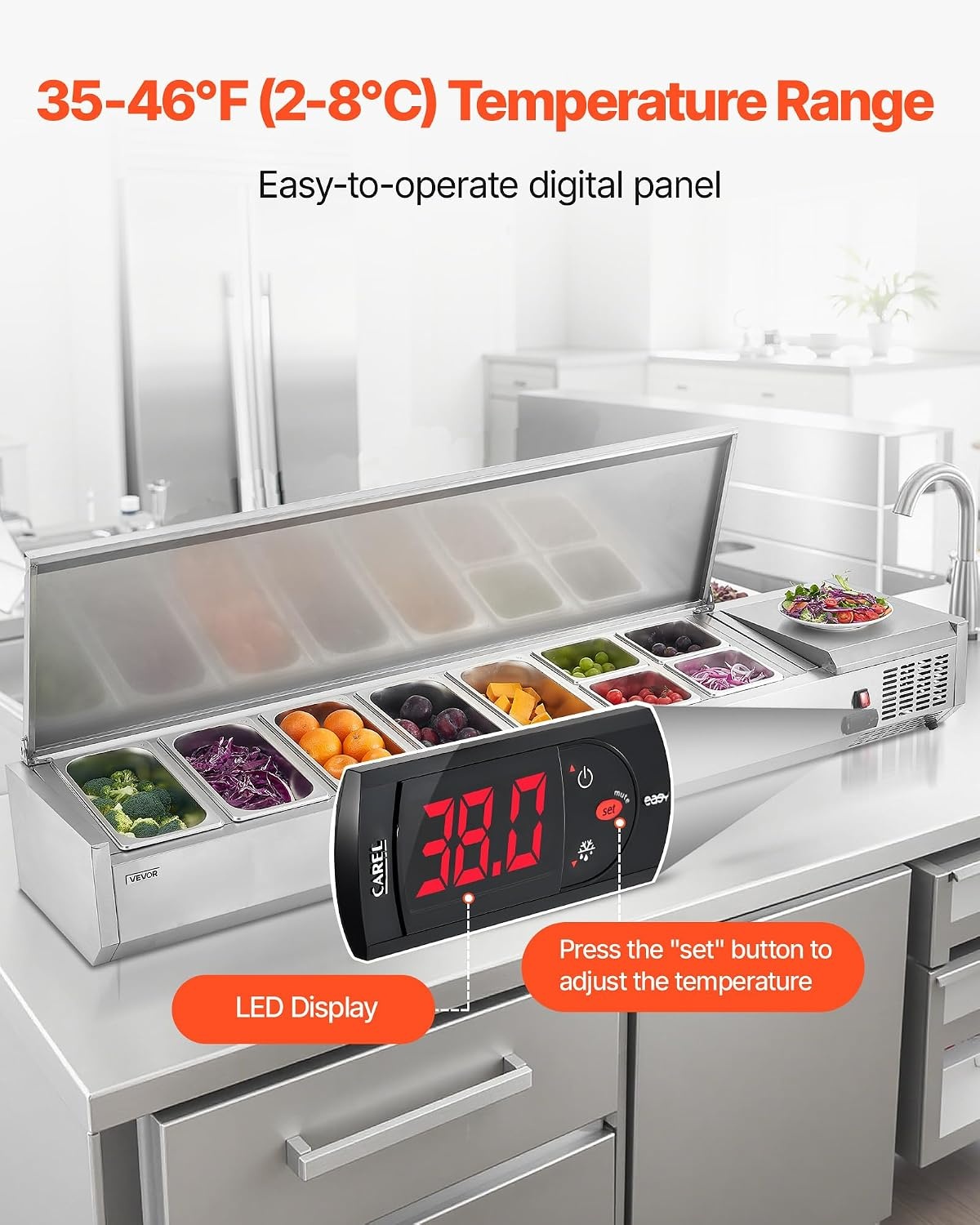 image:imageVEVOR Refrigerated Condiment Prep Station 140 W Countertop Refrigerated Condiment Station with Five 13 Pans amp Four 16 Pans 304 Stainless Body and PC Lid Sandwich Prep Table with Stainless GuardNew Stainless 71 in