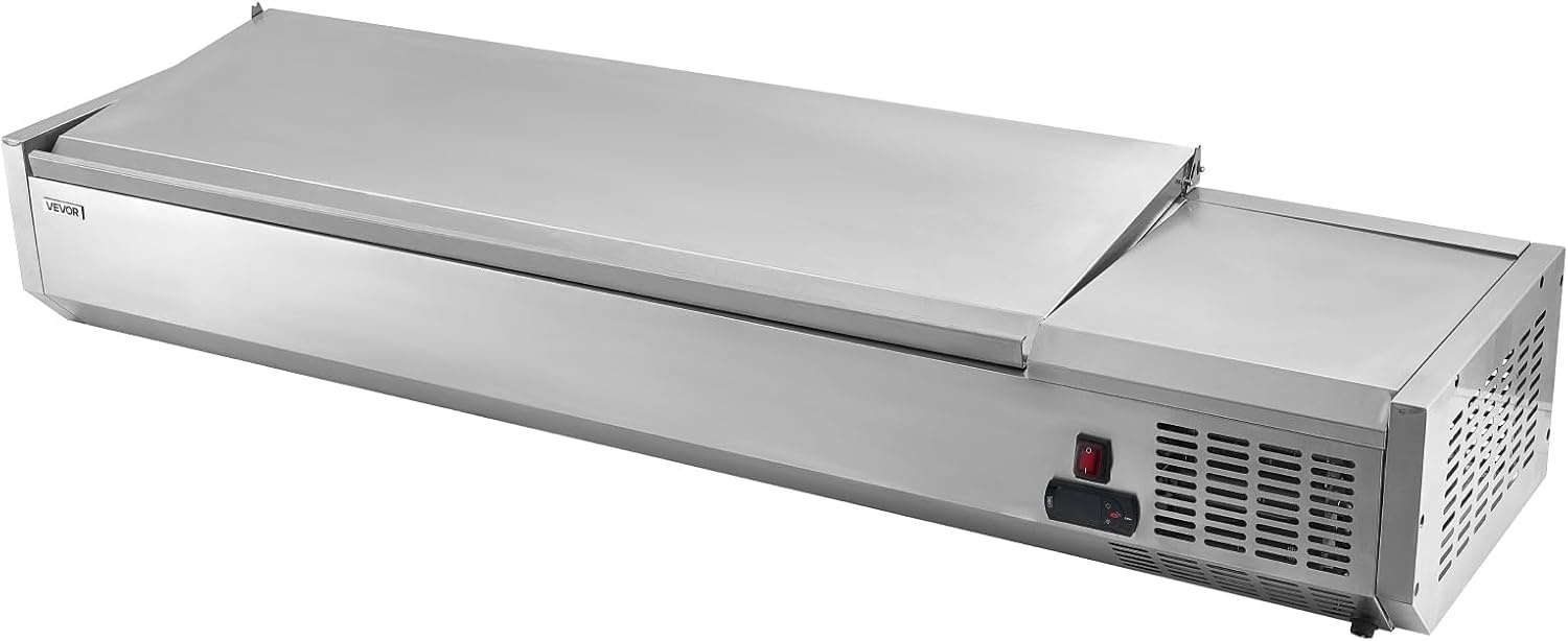 image:imageVEVOR Refrigerated Condiment Prep Station 140 W Countertop Refrigerated Condiment Station with Five 13 Pans amp Four 16 Pans 304 Stainless Body and PC Lid Sandwich Prep Table with Stainless GuardNew Stainless 60 in