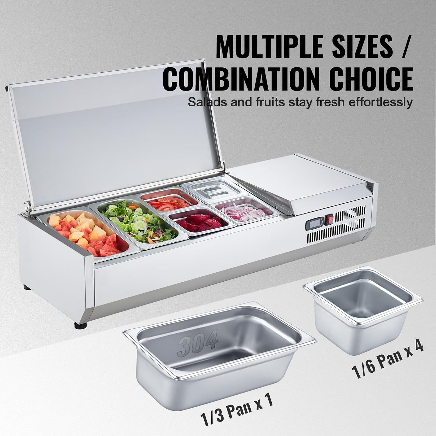 image:imageVEVOR Refrigerated Condiment Prep Station 140 W Countertop Refrigerated Condiment Station with Five 13 Pans amp Four 16 Pans 304 Stainless Body and PC Lid Sandwich Prep Table with Stainless GuardNew Stainless 48in