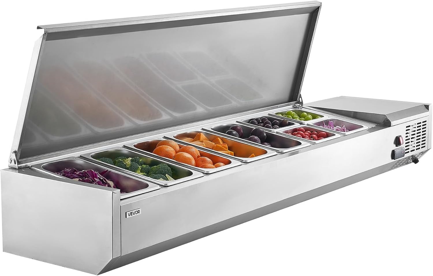image:imageVEVOR Refrigerated Condiment Prep Station 140 W Countertop Refrigerated Condiment Station with Five 13 Pans amp Four 16 Pans 304 Stainless Body and PC Lid Sandwich Prep Table with Stainless GuardNew Stainless 71 in