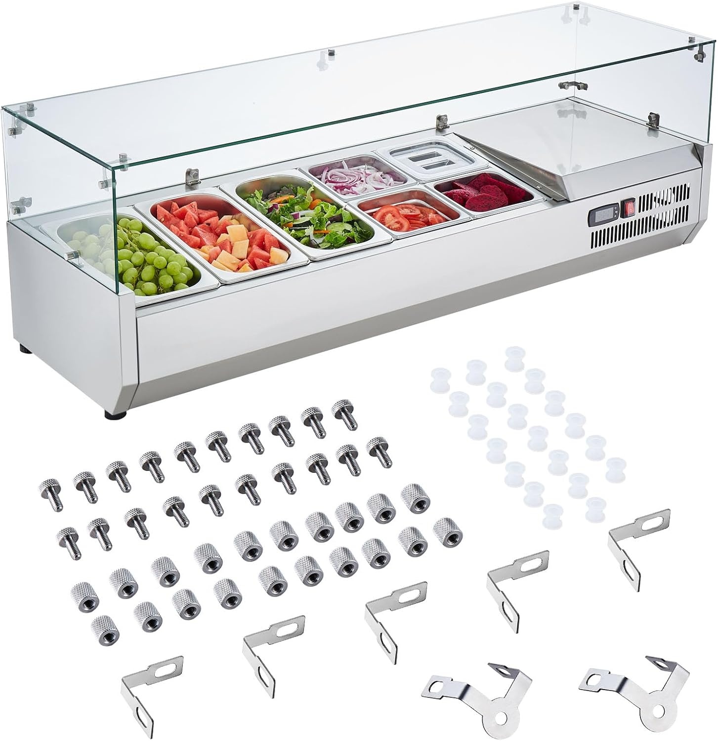 image:imageVEVOR Refrigerated Condiment Prep Station 140 W Countertop Refrigerated Condiment Station with Five 13 Pans amp Four 16 Pans 304 Stainless Body and PC Lid Sandwich Prep Table with Stainless GuardOriginal Glass 55 in
