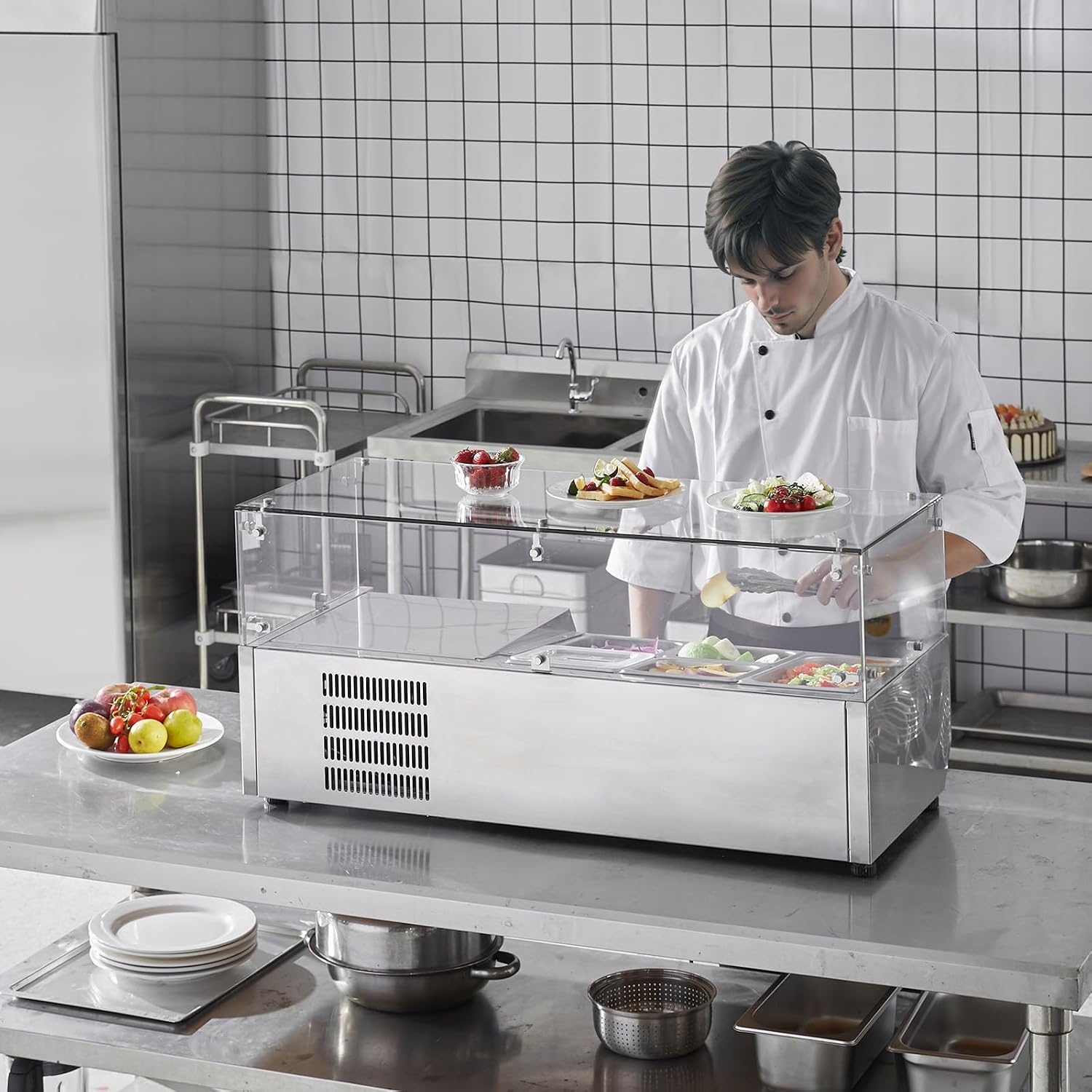 image:imageVEVOR Refrigerated Condiment Prep Station 140 W Countertop Refrigerated Condiment Station with Five 13 Pans amp Four 16 Pans 304 Stainless Body and PC Lid Sandwich Prep Table with Stainless GuardOriginal Glass 40 in