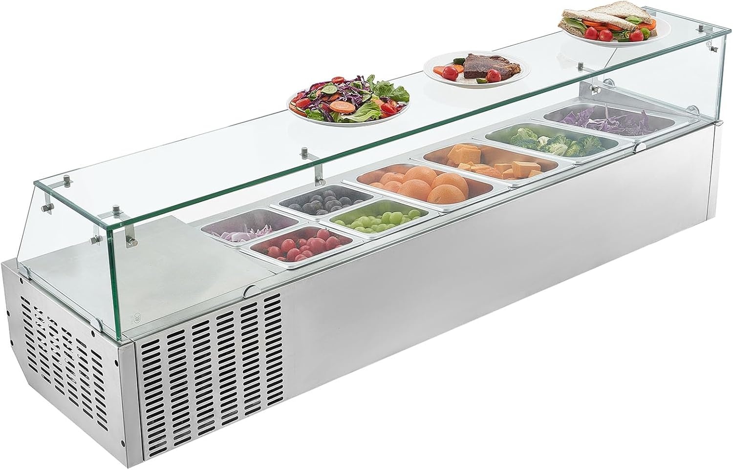 image:imageVEVOR Refrigerated Condiment Prep Station 140 W Countertop Refrigerated Condiment Station with Five 13 Pans amp Four 16 Pans 304 Stainless Body and PC Lid Sandwich Prep Table with Stainless GuardNew Glass 60 in
