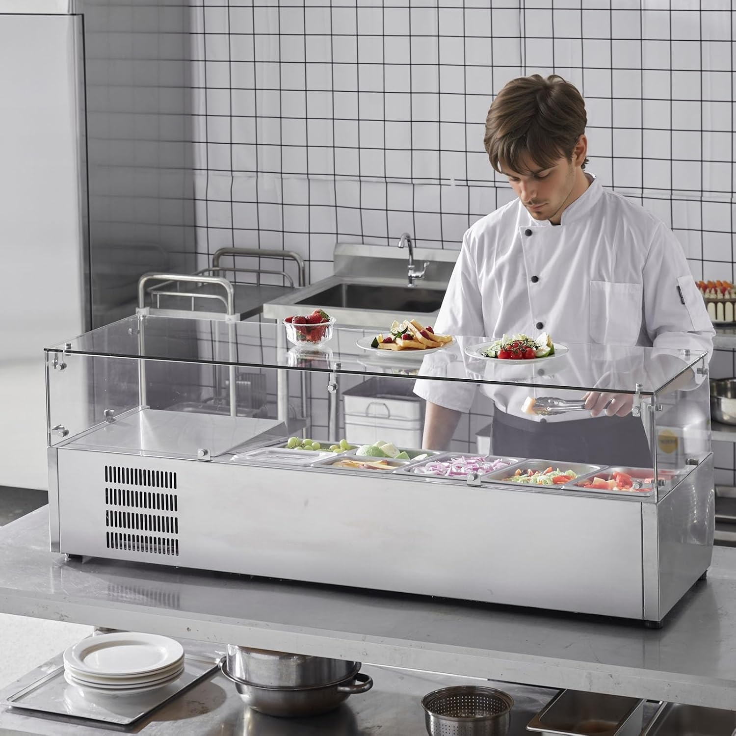 image:imageVEVOR Refrigerated Condiment Prep Station 140 W Countertop Refrigerated Condiment Station with Five 13 Pans amp Four 16 Pans 304 Stainless Body and PC Lid Sandwich Prep Table with Stainless GuardOriginal Glass 55 in