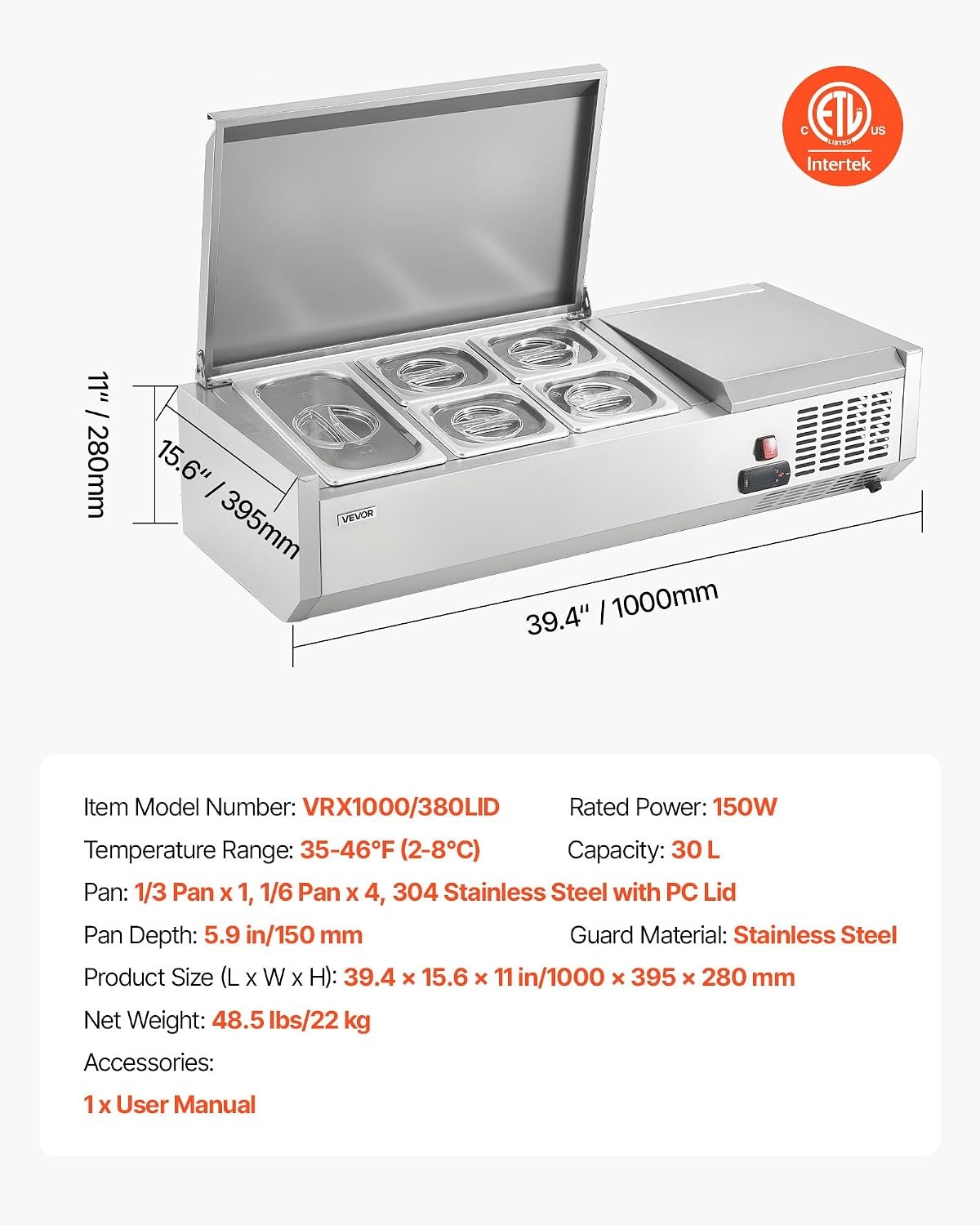 image:imageVEVOR Refrigerated Condiment Prep Station 140 W Countertop Refrigerated Condiment Station with Five 13 Pans amp Four 16 Pans 304 Stainless Body and PC Lid Sandwich Prep Table with Stainless GuardNew Stainless 40 in