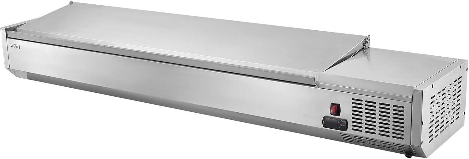 image:imageVEVOR Refrigerated Condiment Prep Station 140 W Countertop Refrigerated Condiment Station with Five 13 Pans amp Four 16 Pans 304 Stainless Body and PC Lid Sandwich Prep Table with Stainless GuardNew Stainless 71 in