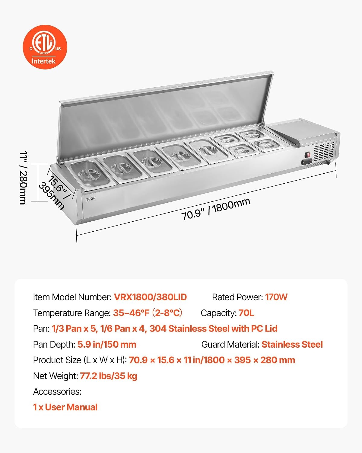 image:imageVEVOR Refrigerated Condiment Prep Station 140 W Countertop Refrigerated Condiment Station with Five 13 Pans amp Four 16 Pans 304 Stainless Body and PC Lid Sandwich Prep Table with Stainless GuardNew Stainless 71 in
