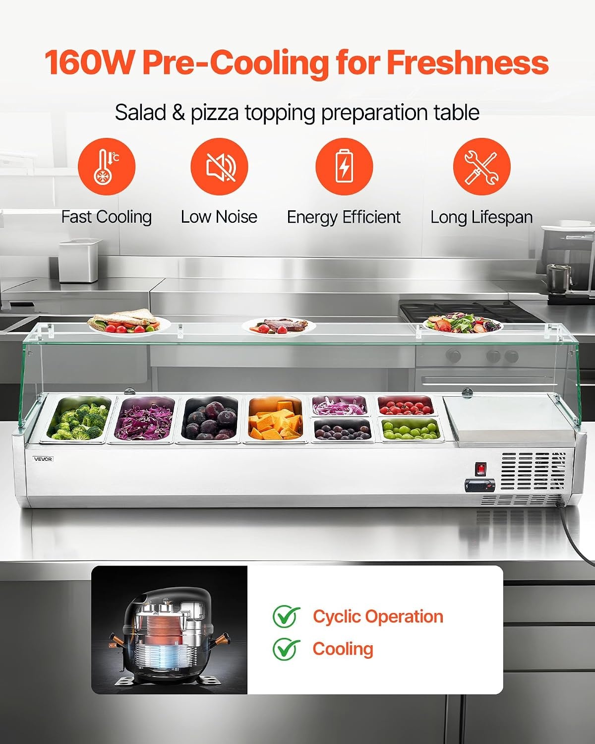 image:imageVEVOR Refrigerated Condiment Prep Station 140 W Countertop Refrigerated Condiment Station with Five 13 Pans amp Four 16 Pans 304 Stainless Body and PC Lid Sandwich Prep Table with Stainless GuardNew Glass 60 in