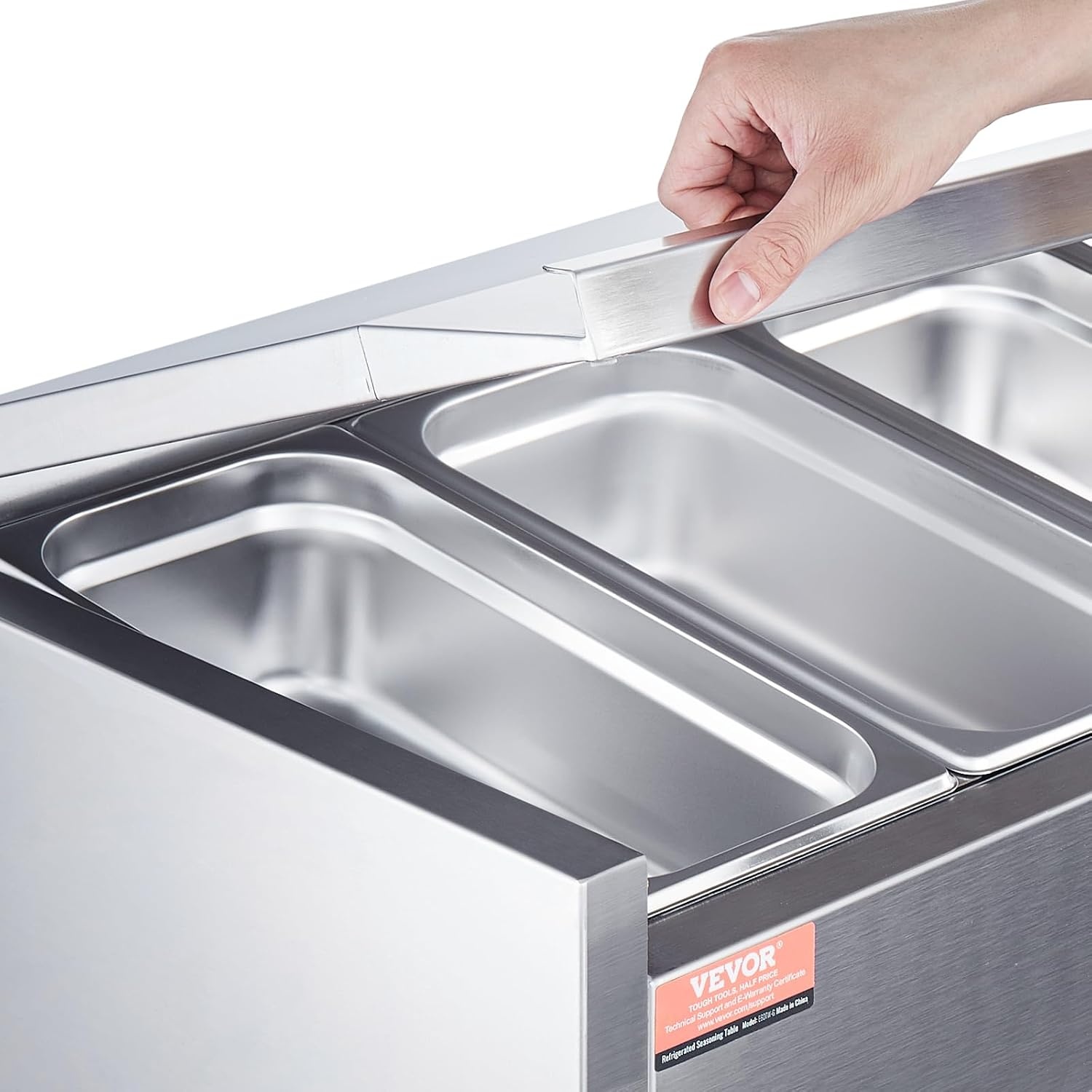image:imageVEVOR Refrigerated Condiment Prep Station 140 W Countertop Refrigerated Condiment Station with Five 13 Pans amp Four 16 Pans 304 Stainless Body and PC Lid Sandwich Prep Table with Stainless GuardNew Stainless 48in