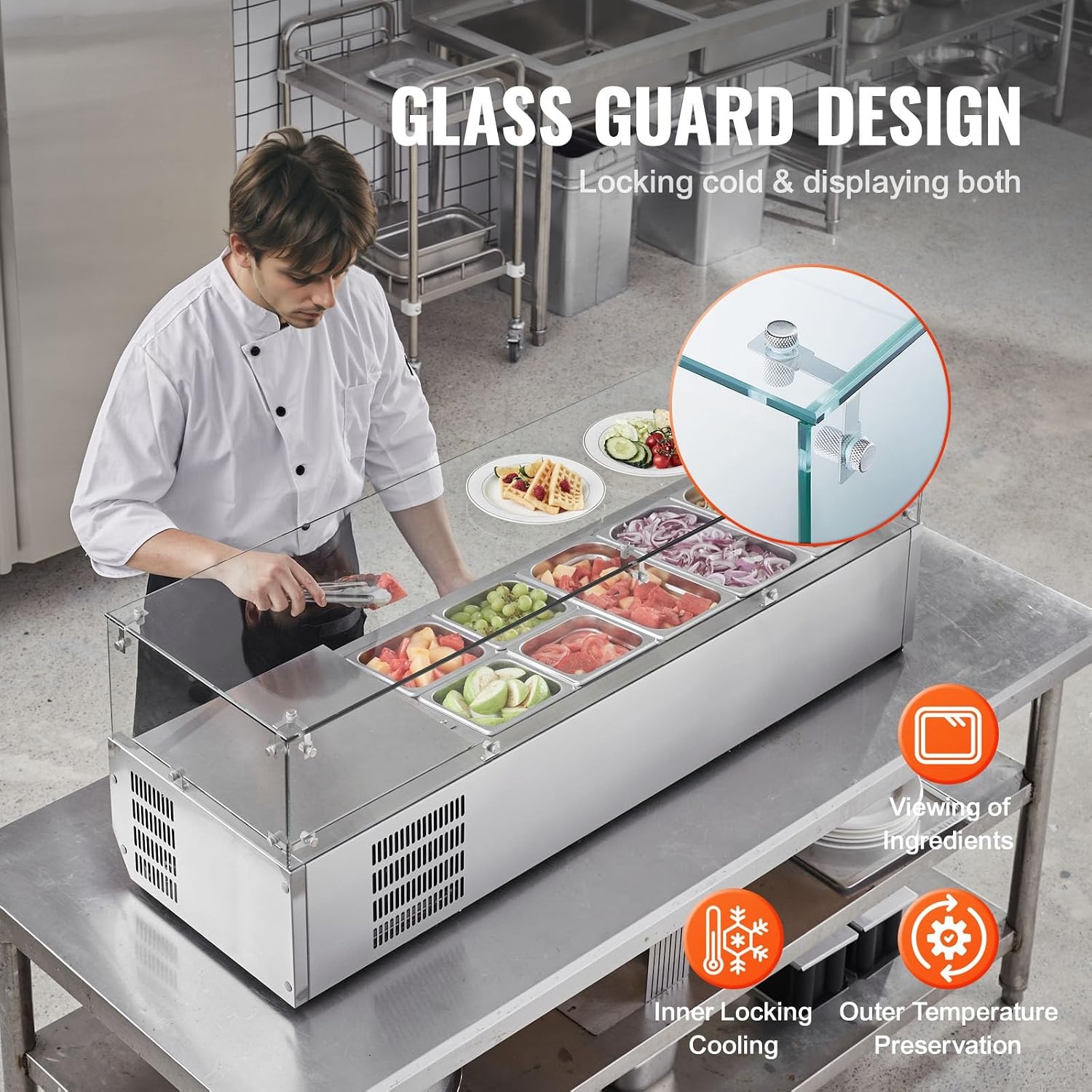 image:imageVEVOR Refrigerated Condiment Prep Station 140 W Countertop Refrigerated Condiment Station with Five 13 Pans amp Four 16 Pans 304 Stainless Body and PC Lid Sandwich Prep Table with Stainless GuardOriginal Glass 55 in