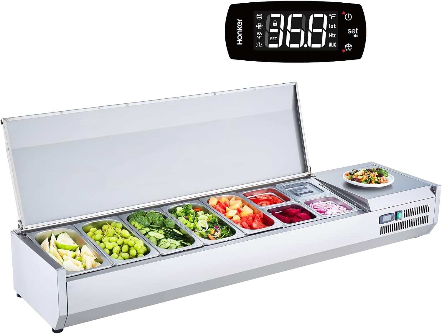 image:imageVEVOR Refrigerated Condiment Prep Station 140 W Countertop Refrigerated Condiment Station with Five 13 Pans amp Four 16 Pans 304 Stainless Body and PC Lid Sandwich Prep Table with Stainless GuardOriginal Stainless 71 in